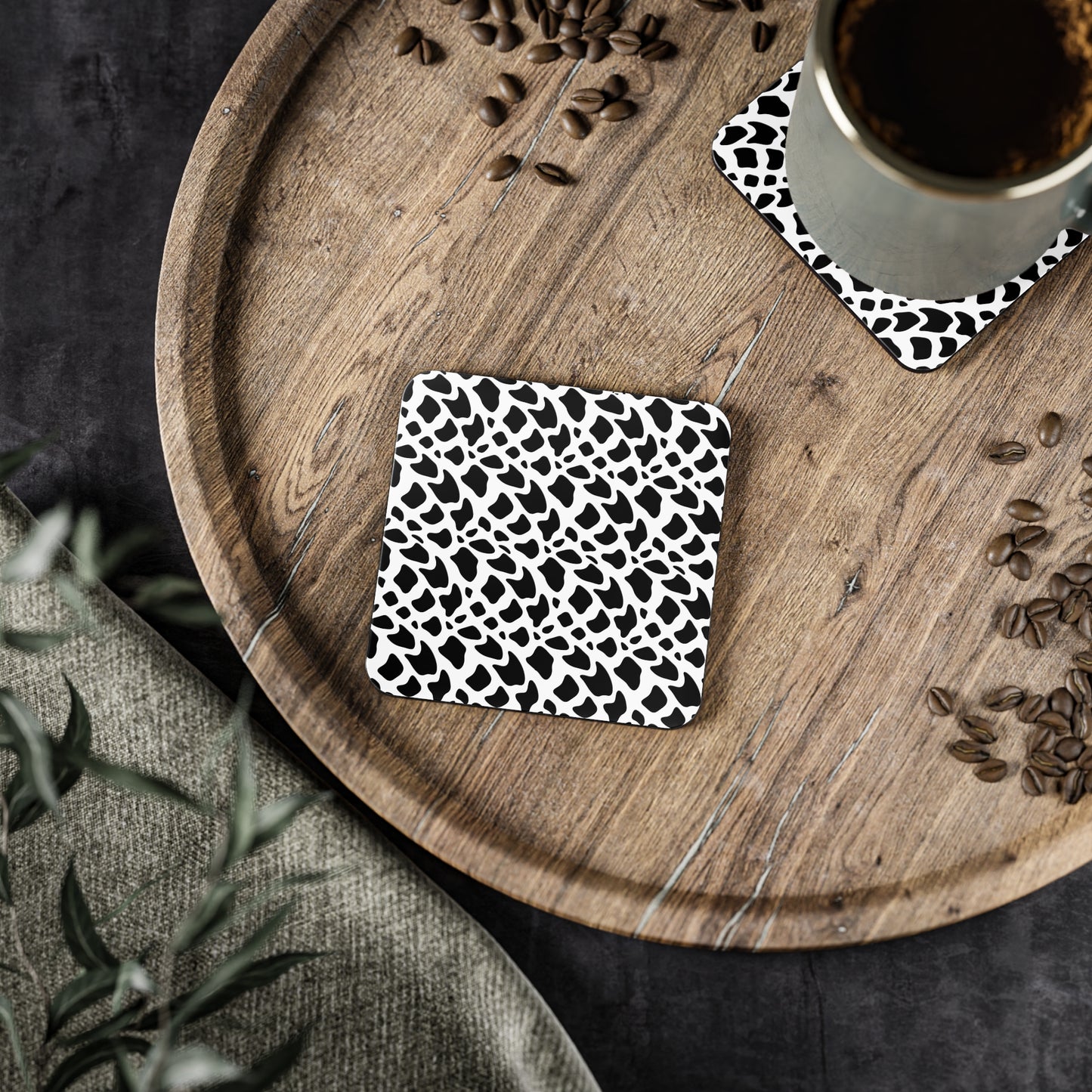 Black & White Abstract Leopard Coasters — Round Cork Drink Coasters
