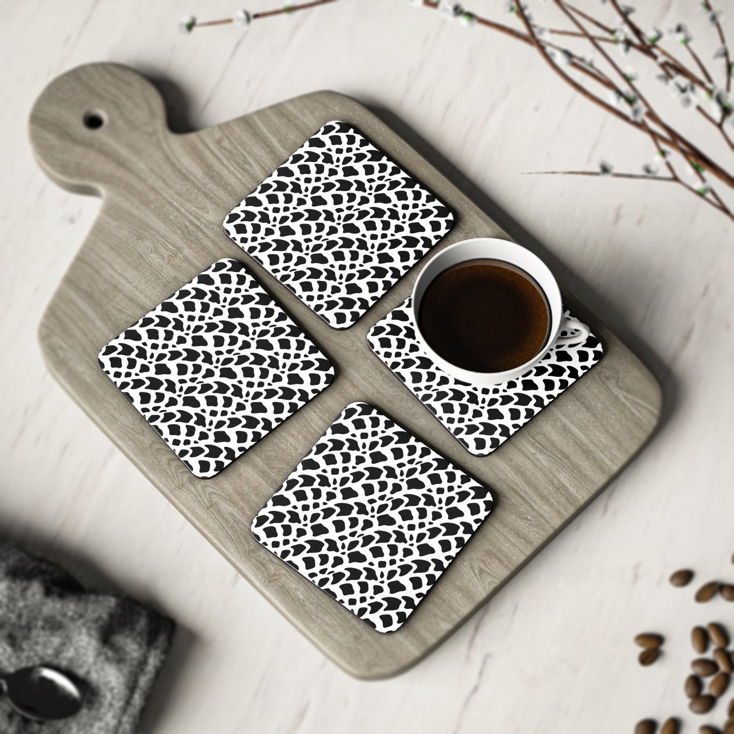 Black & White Abstract Leopard Coasters — Round Cork Drink Coasters