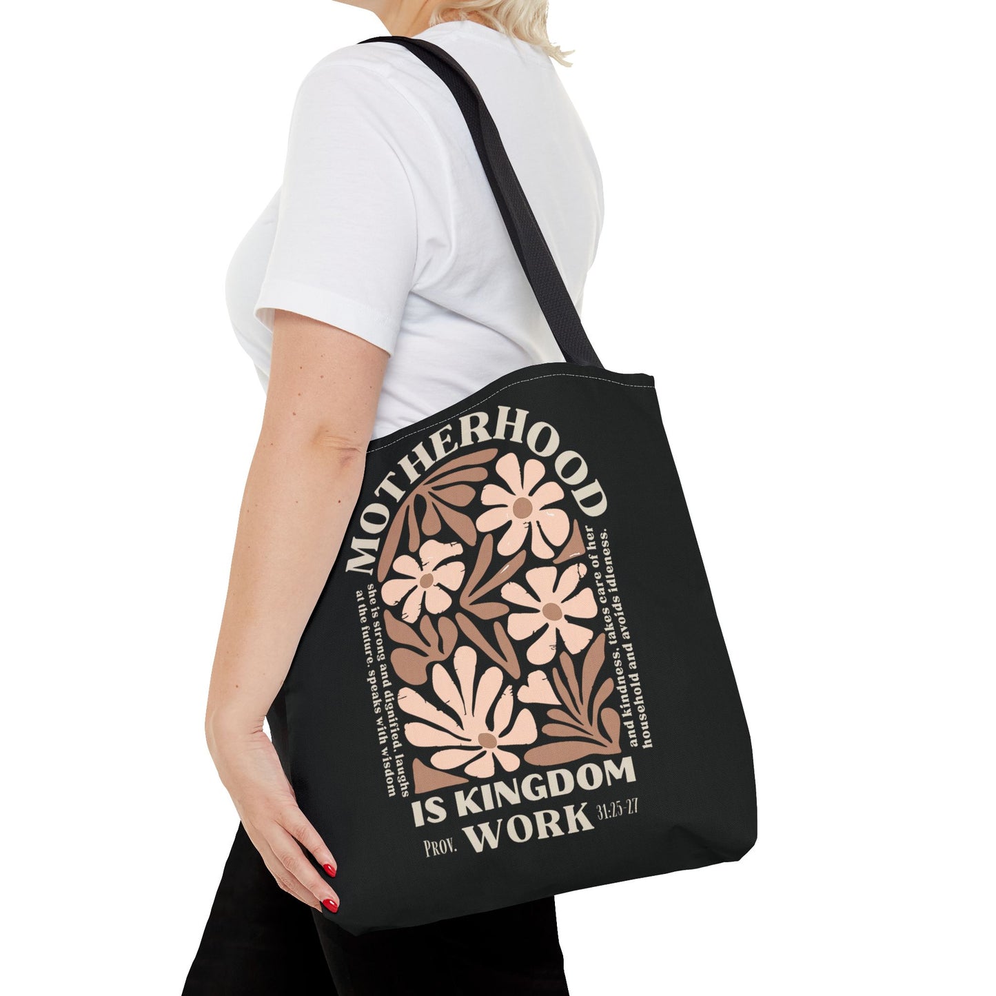 Motherhood Tote Bag - "Motherhood Is Kingdom Work" Floral Canvas Shopper