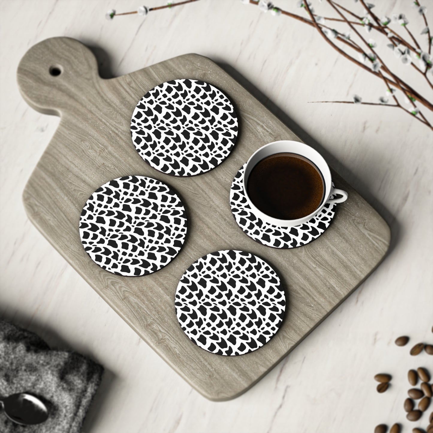 Black & White Abstract Leopard Coasters — Round Cork Drink Coasters